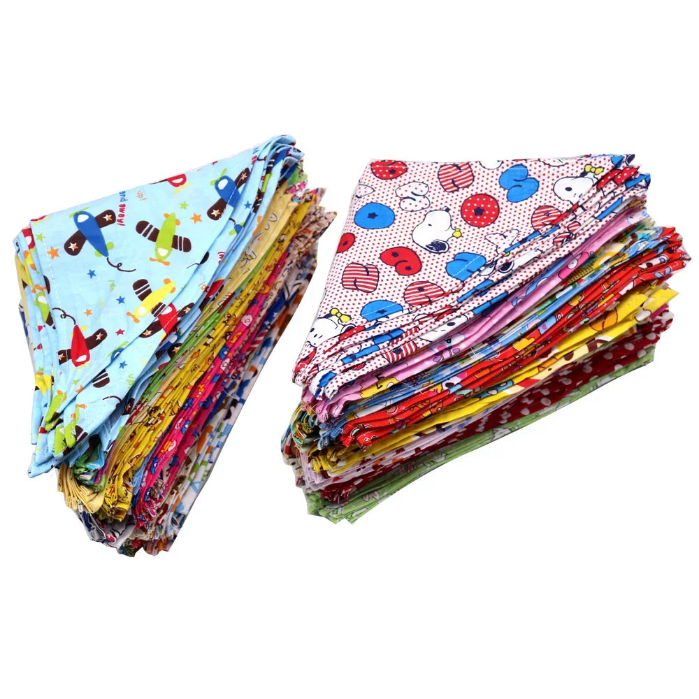 Two stacks of colorful fabric sheets with various patterns on a white background