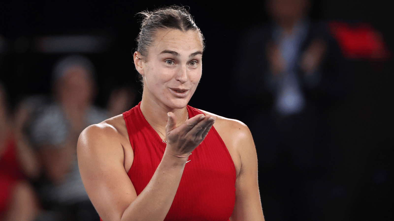 Aryna Sabalenka blows a kiss in Melbourne Park.