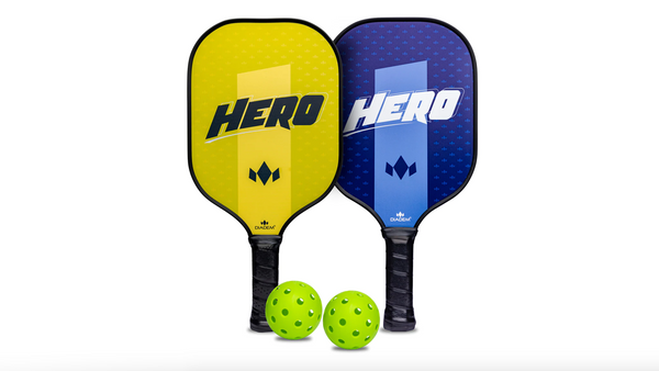 A starter pack for pickleball featuring two paddles and two balls.