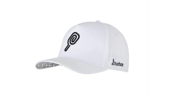 A white hat with a P logo for pickleball.
