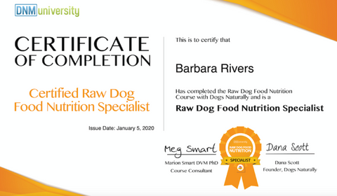 Certificate of Completion Dogs Naturally Magazine Raw Dog Food Nutrition Specialist