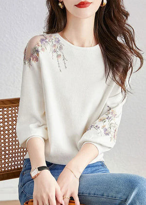 French White O-Neck Embroideried Versatile Knit Top Fall - Linadiva