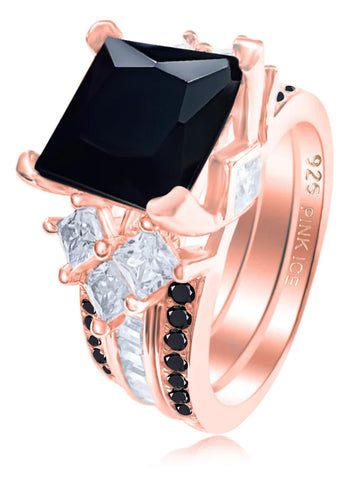 925 Sterling Silver Black Onyx Tri-Band Ring - Rose Gold