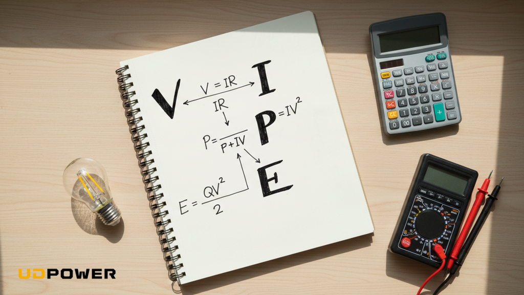 Minimal overhead shot of a notebook on a wooden desk with hand-drawn formulas V, I, P, and E, a calculator, a multimeter, and a small LED bulb