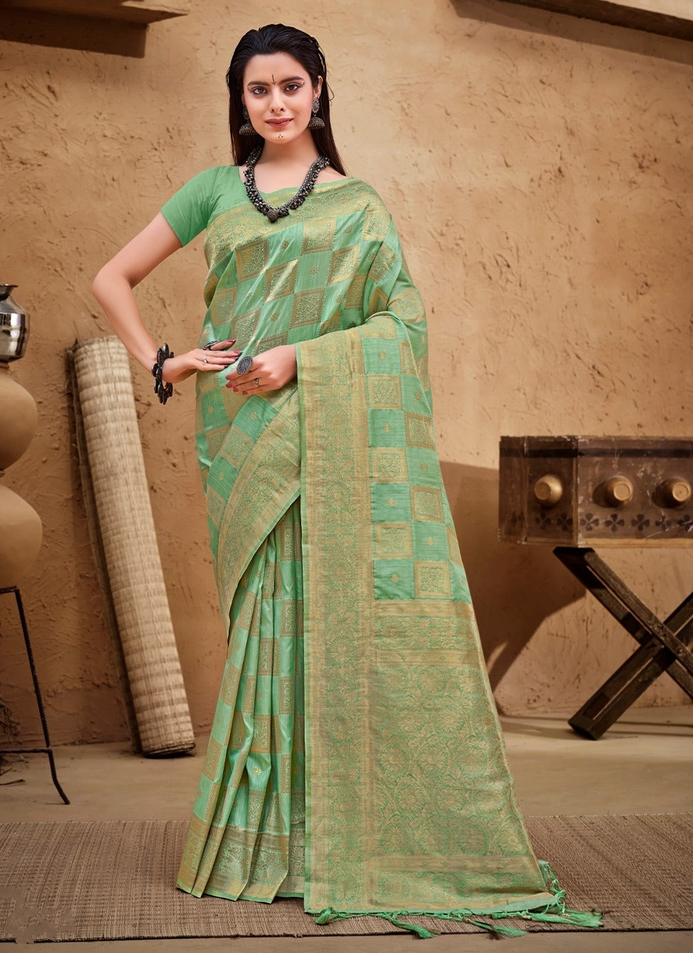 Vishal Prints Mehandi And Dark Green Silk Weaving Saree With Zari Bord