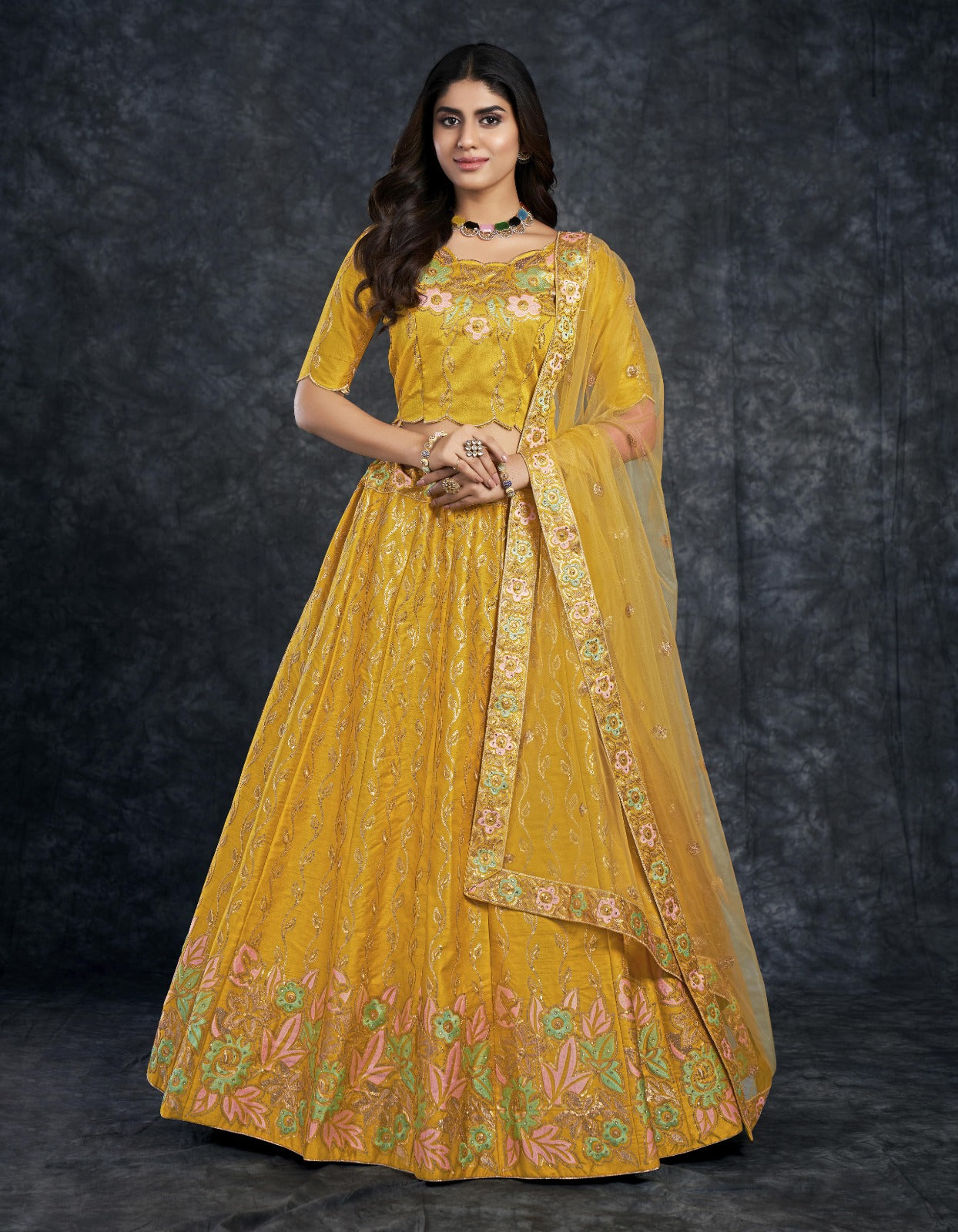 Engagement, Reception, Wedding Yellow color Net fabric Lehenga : 1836328