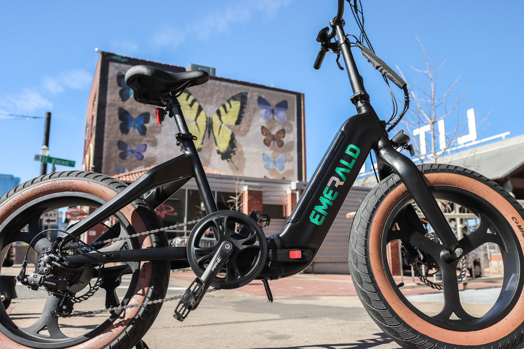 Emerald Ebike geared hub motor in front of butterfly mural