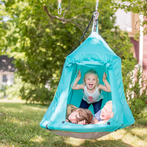 little girl in 40’ sky swing and swing house