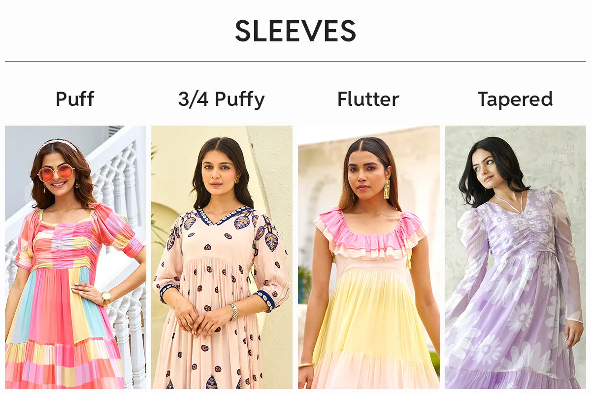 Women wearing different sleeve styles on dresses - puff sleeves, 3/4 puffy sleeves, flutter sleeves, and tapered sleeves - fashion guide for pear shaped body.