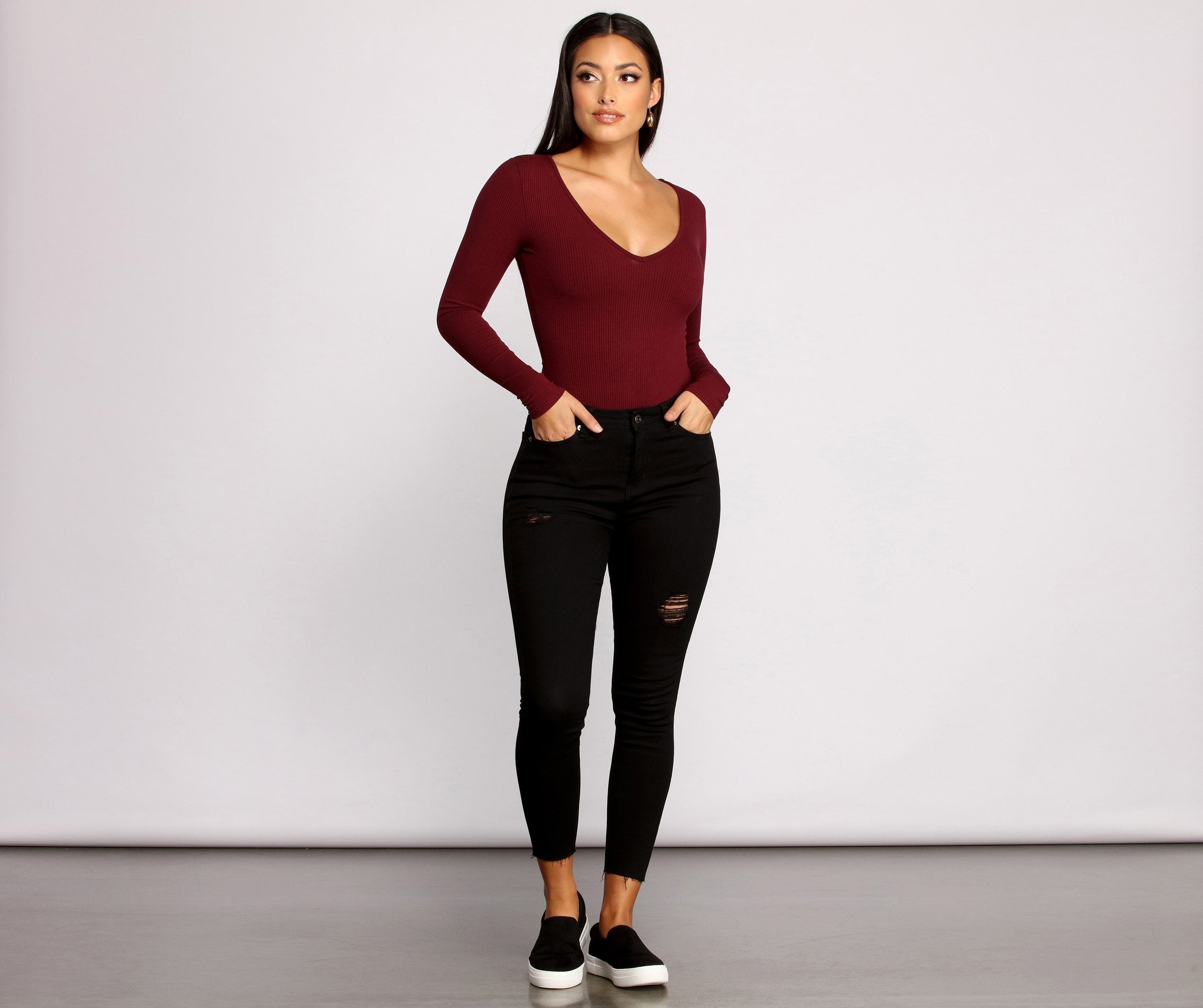 Basic Long Sleeve V Neck Bodysuit