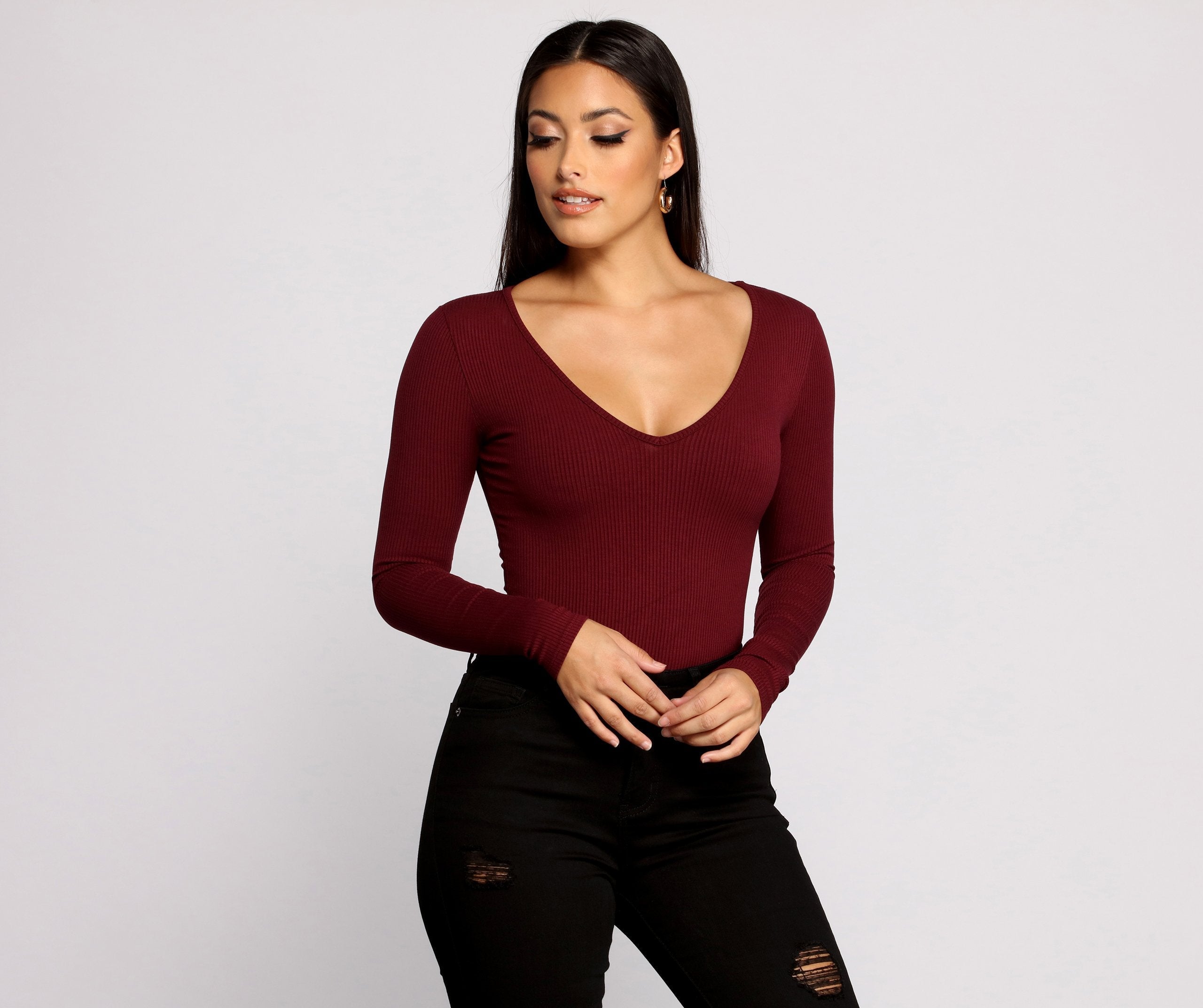 Basic Long Sleeve V Neck Bodysuit