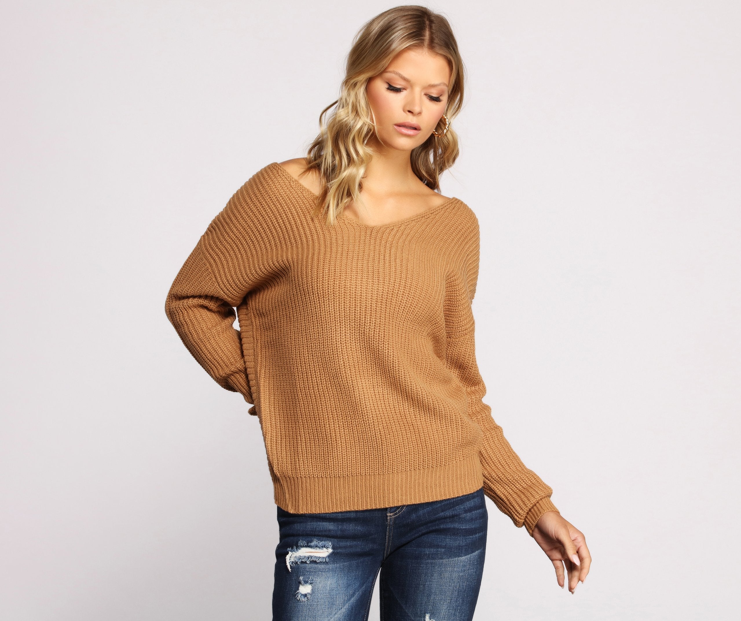 Trendy Knot Back V Neck Sweater