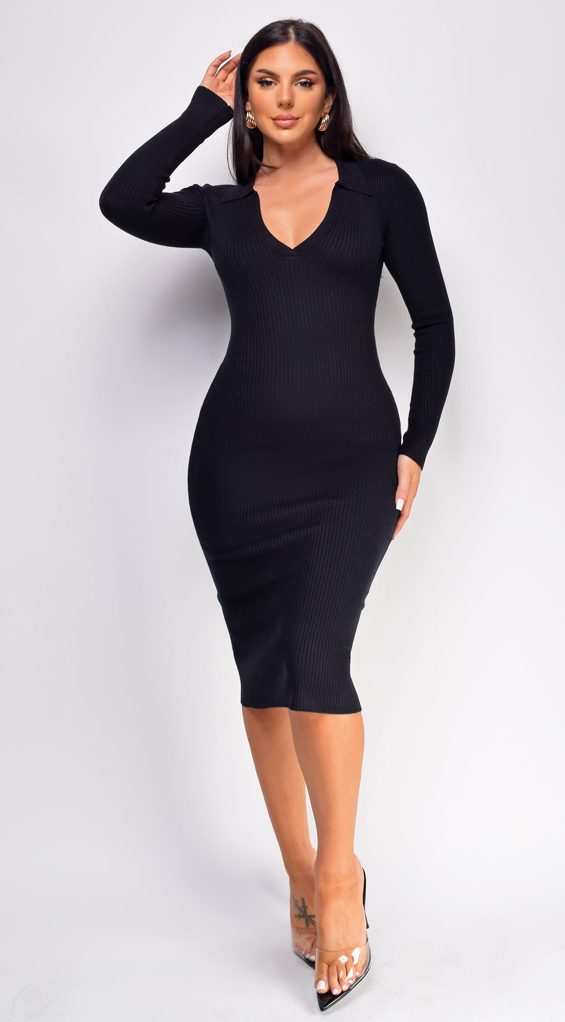 Marta Black Collard Long Sleeve Ribbed Midi Dress