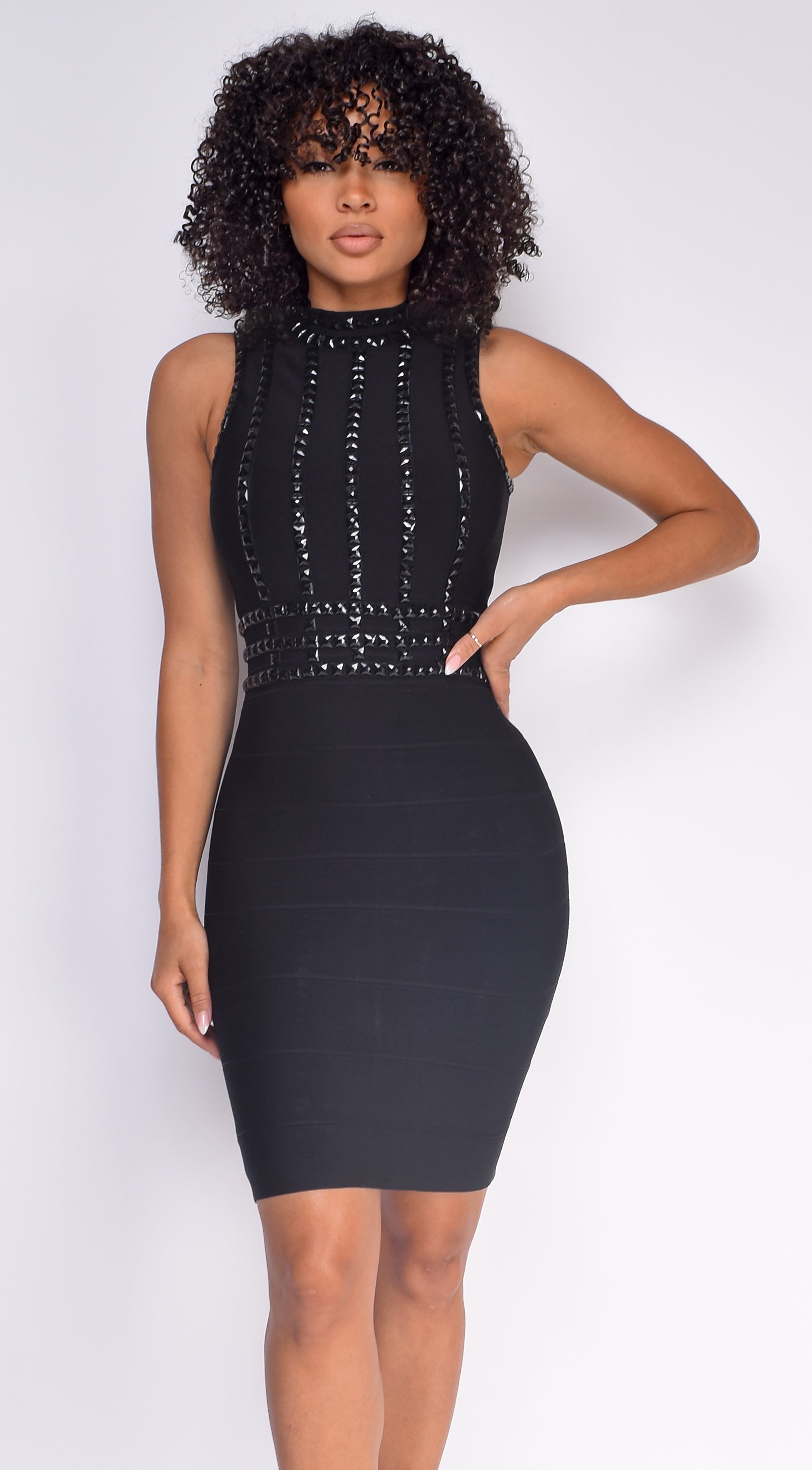 Kalisa Black Mock Neck Studded Bandage Dress