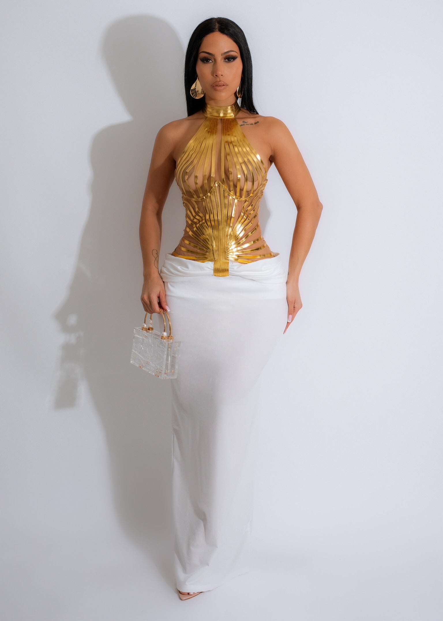 Keep You Looking  Mesh Metallic Maxi Dress White