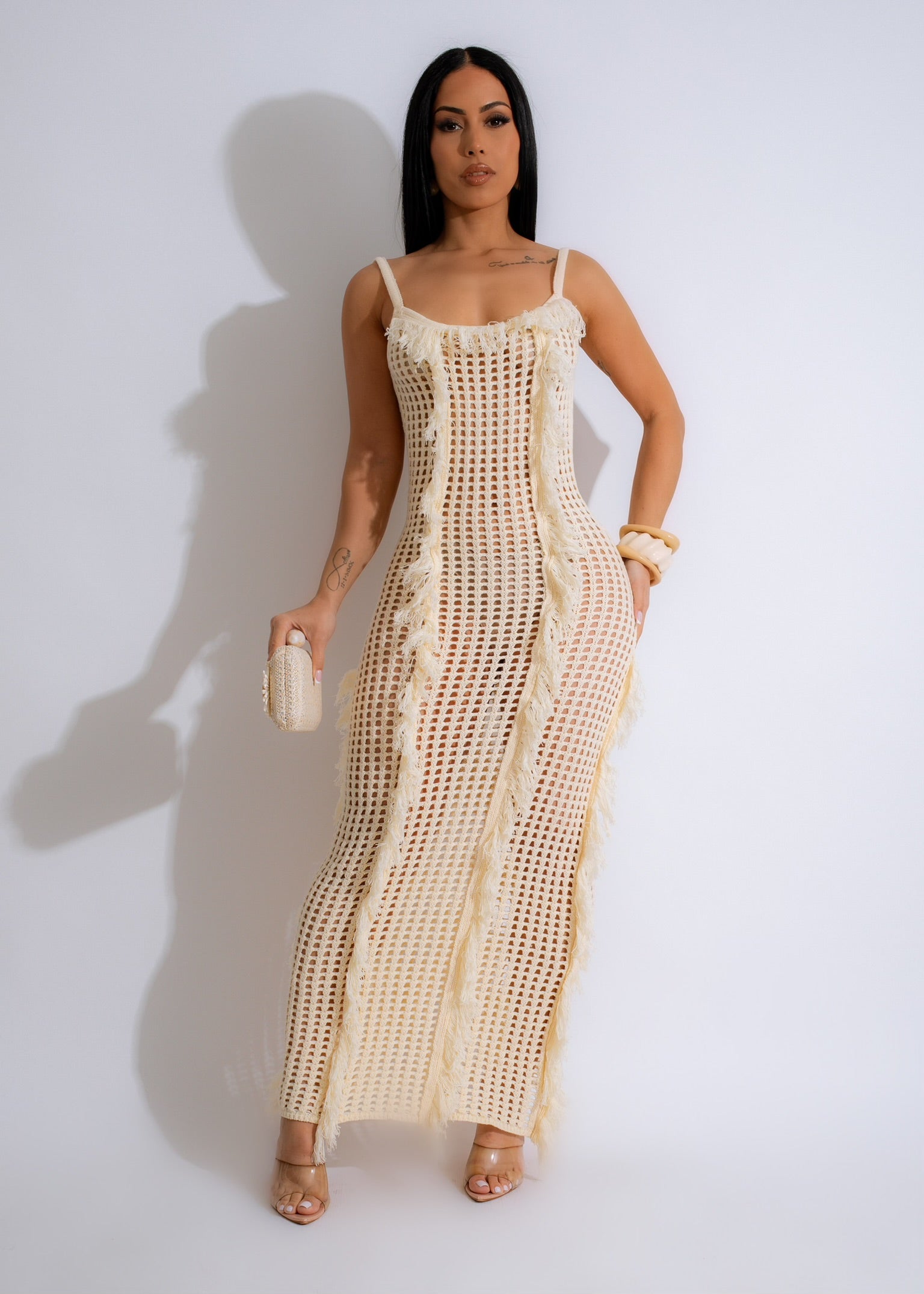 Golden Days Crochet Ring Maxi Dress Nude