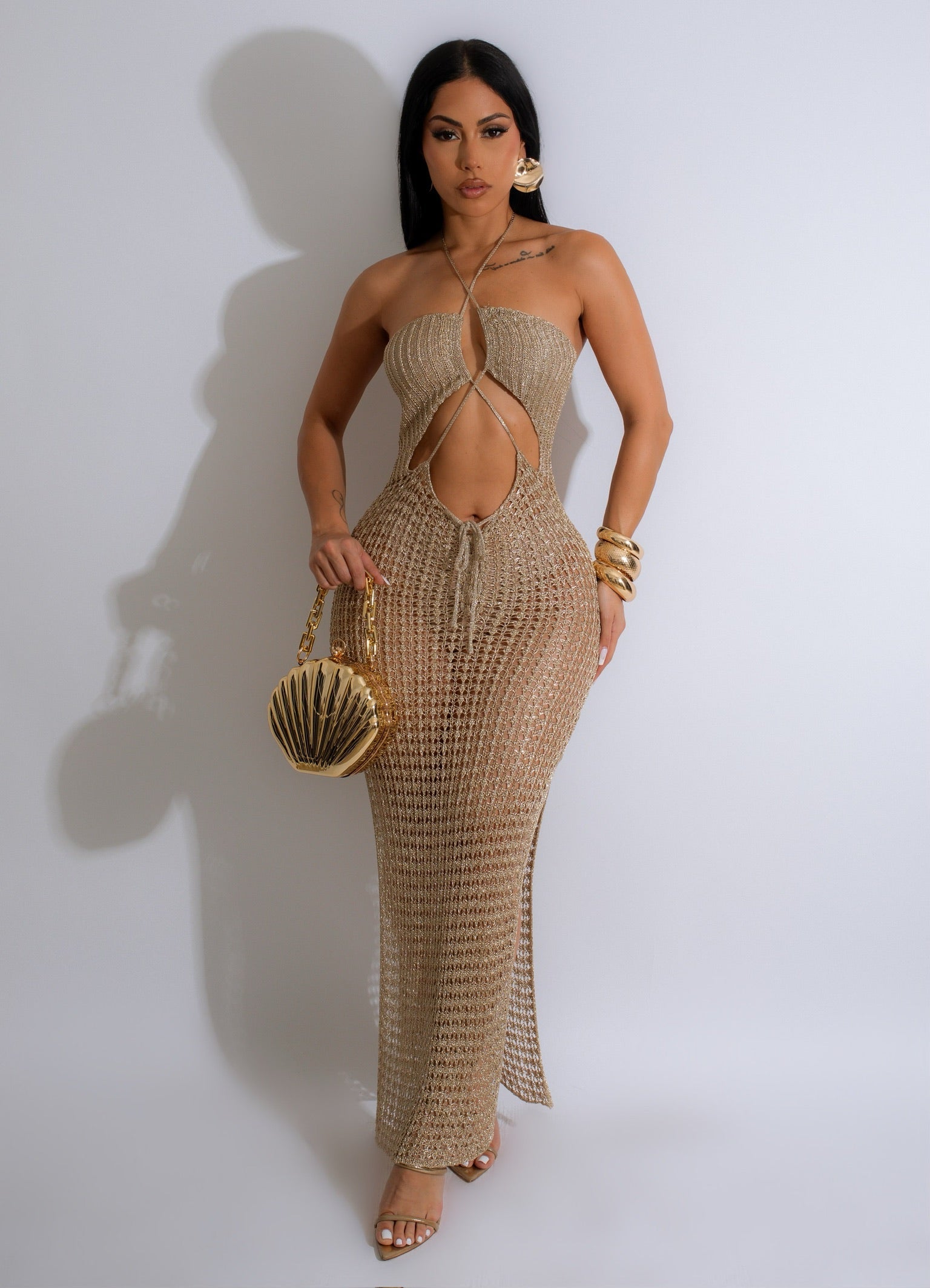 Absolutely Crochet Metallic Maxi Dress Gold