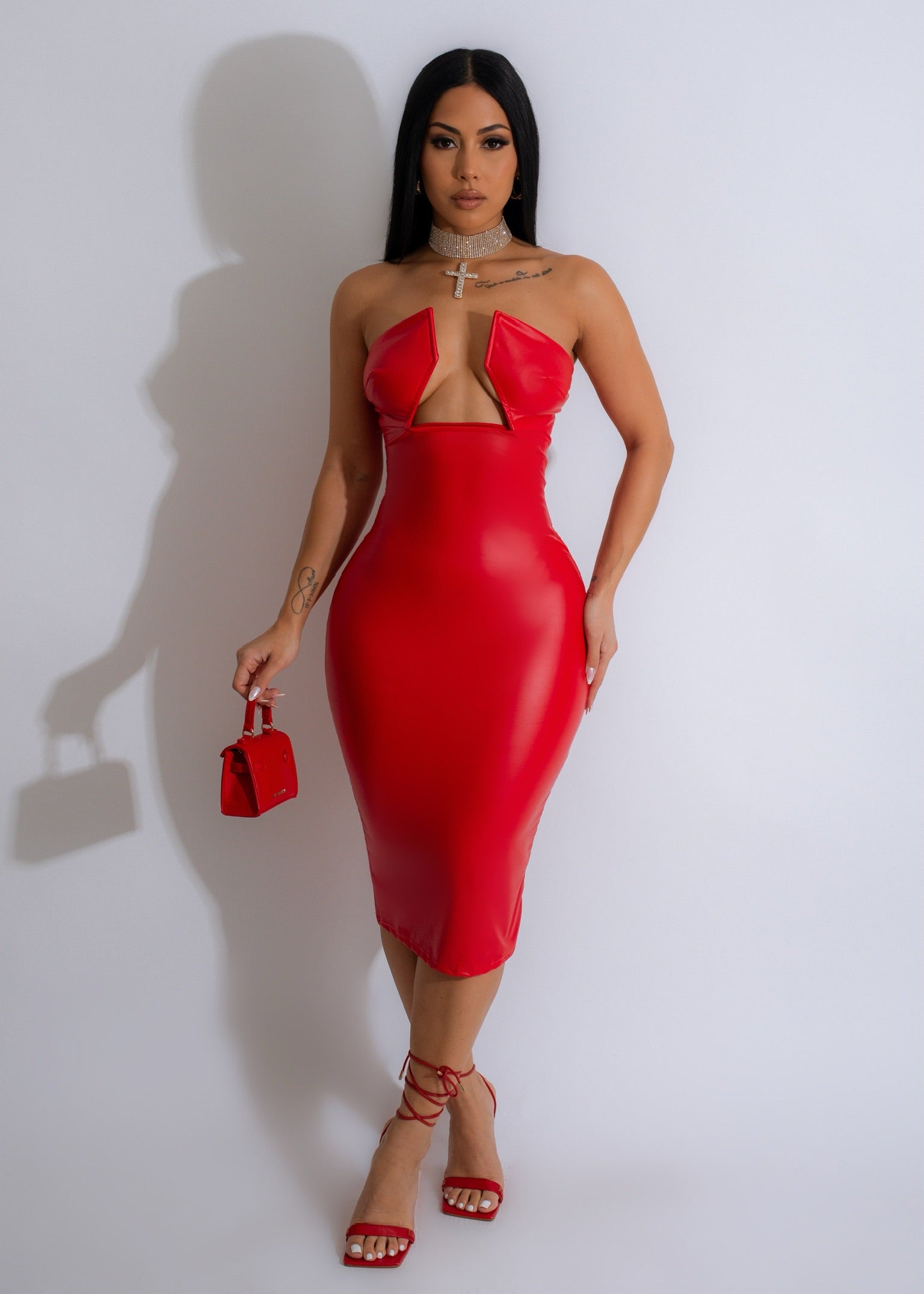 Every Moments Faux Leather Midi Dress Red