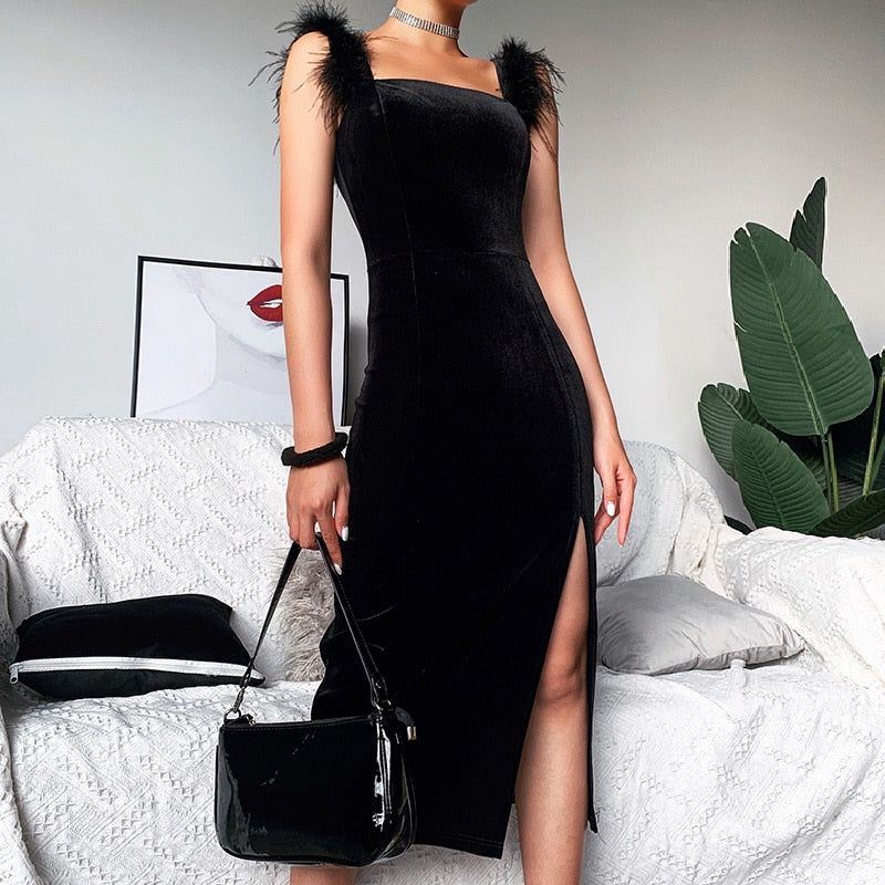 Alba Feather Velvet Midi Dress