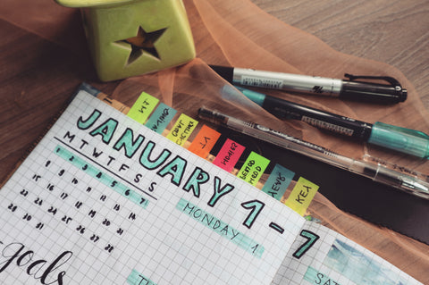 A planner highlighting the month of January, surrounded by pens and markers