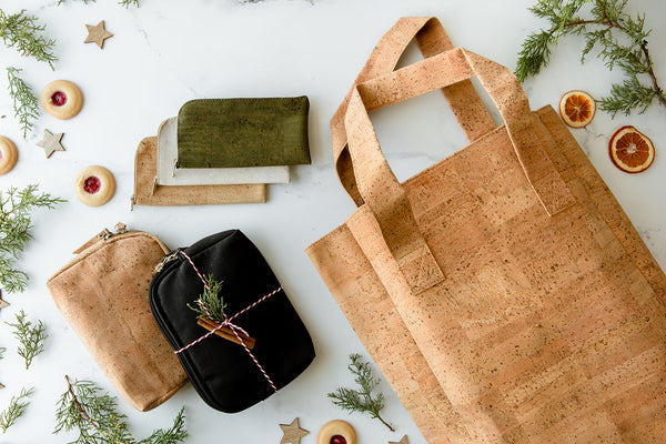 Natural cork tote bag, flex case and sidekick makeup bag - sustainable holiday gifts