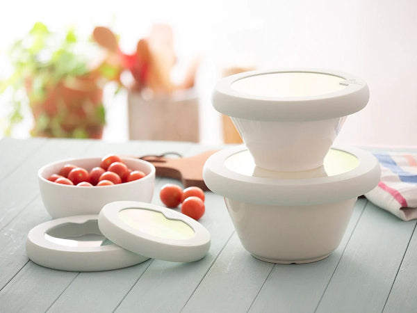 Glass and silicone food storage lids by Food Huggers
