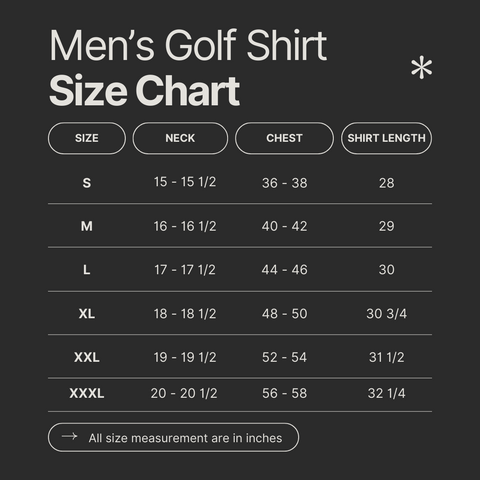 Mens golf shirt size chart
