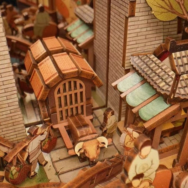 Cityscape of Song Dynasty DIY Book Nook Kit, A charming miniature 3d wooden puzzles the relives old Chinese, perfect for crafting enthusiasts, dollhouse collectors and Chinese culture lovers alike. Ideal for bookshelf decor of gifting. Scene 1