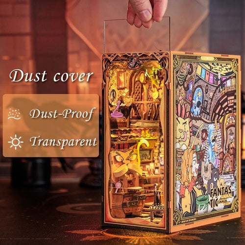 Fantastic Animal Common Room DIY Book Nook Kit, A charming magic academy series miniature crafts, perfect for DIY crafting enthusiasts and dollhouse collectors alike. Ideal for bookshelf decor of gift for magic world lovers - dust cover