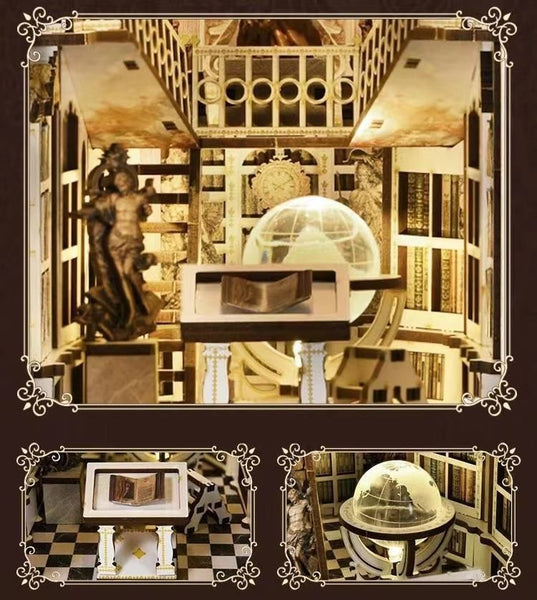 Library of Gods DIY Book Nook Kit, a miniature replica of the Admont Abbey library, featuring towering shelves filled with tiny books, a huge statue of a god, a crystal globe, and seven vaulted domes with frescoes. Perfect for bookshelf decor, and dollhouse collectors, or a gift for art lovers, history fans and DIY enthusiasts. Scene 2