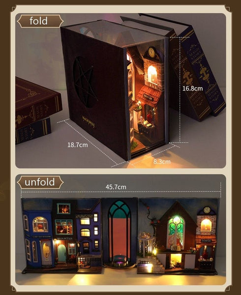 Magic Spell Street DIY Book Nook Kit, a miniature bookend inspired by diagon alley in Harry Potter. perfect for DIY lovers, dollhouse collectors, bookshelf insert decor, A great DIY project for magic world fans.