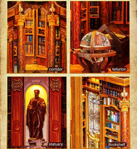 image displaying the four miniature scenes of Monastery Library DIY Book Nook Kit