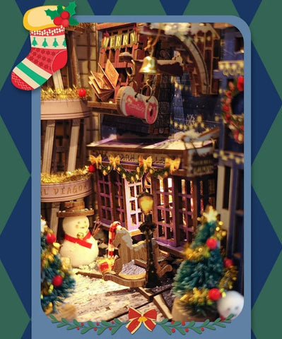 Diagon Alley on Christmas Day DIY Book Nook Kit - 3d wooden bookend - bookshelf insert diorama - miniature crafts