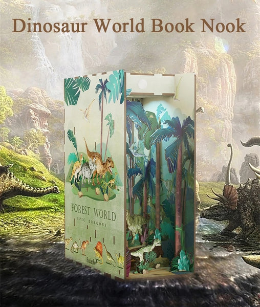 Dinosaur World DIY book nook kit, adventurers bookshelf insert decor diorama, 3d wooden puzzles book end, miniature house crafts