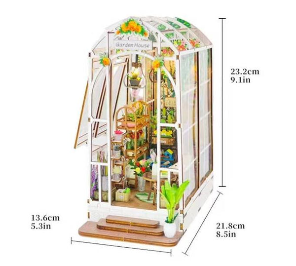 Garden House DIY Book Nook Kit, A charming greenhouse themed bookshelf insert decor miniature 3d wooden puzzles, perfect for gifting, crafting enthusiasts and dollhouse collectors alike. Size