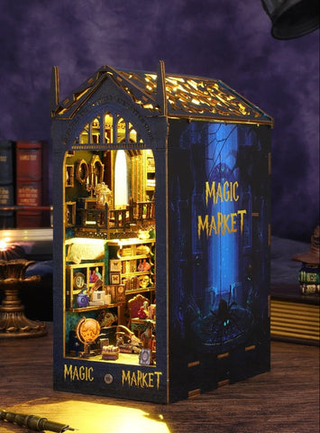 Magic Market DIY Book Nook Kit - 3D Wooden Bookend Puzzles - Bookshelf Insert Diorama - Miniature Dollhouse Crafts