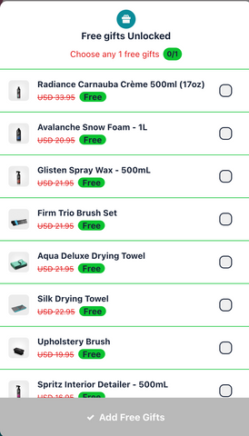 Screenshot of our Cart Goals free gift selections.