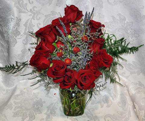 Valentine's Posy with red roses, lavender and statice