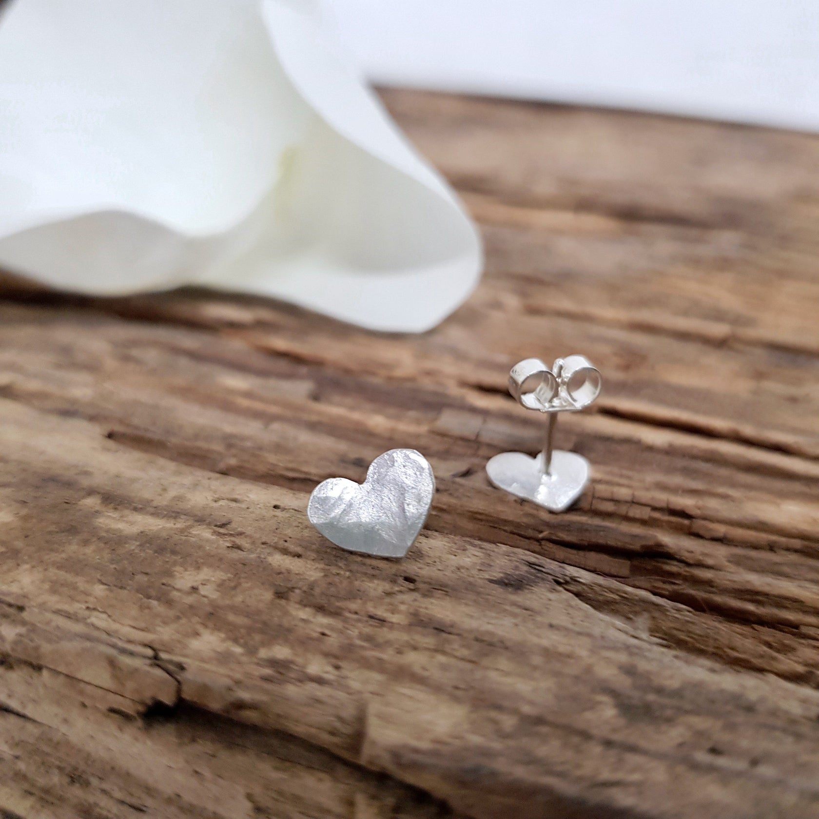 Handmade Silver Hammered Heart Studs - Anna Calvert Jewellery Handmade UK