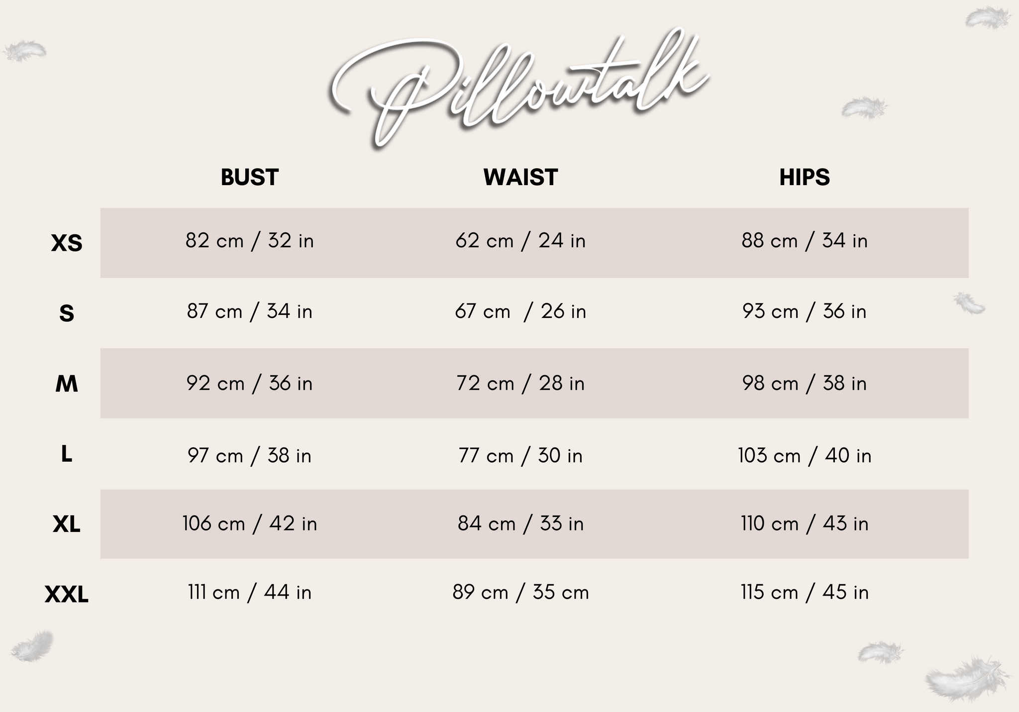 Pillow Talk Size Chart CXIX