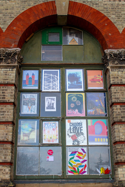 3 of my pieces in the arched window of Alexandra Palace. Photo by Lisa Gilby, Freshest Frames