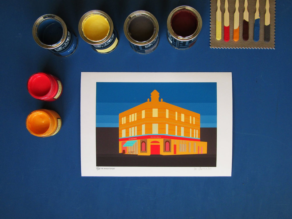 Colour-mood-inspiration-for-Wheatsheaf-Tooting-pub-art-print-with-paint-and-fabric-swatches