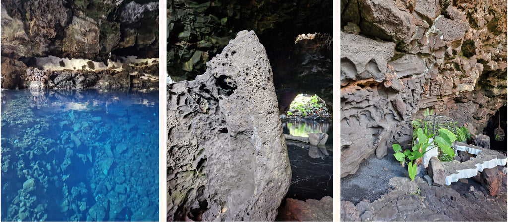 Collage of the cave with water, rock and seating built into the cave walls.