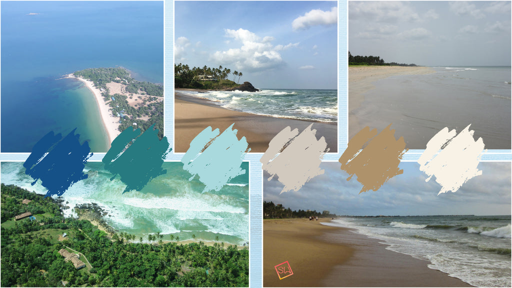 A collage of photos of Sri Lankan beaches, overlaid with 6 painted brushstrokes. Each brushstroke is a different colour of interiors paint inspired by the beaches.