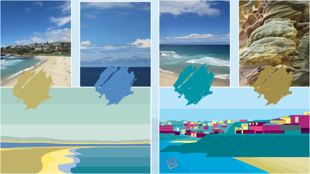 A collage of four photos along the Sydney coastal walk and two illustrations inspired by the walk. The images are overlaid with painted brushstrokes that pick out colours in the photos to show their link to the illustrations.