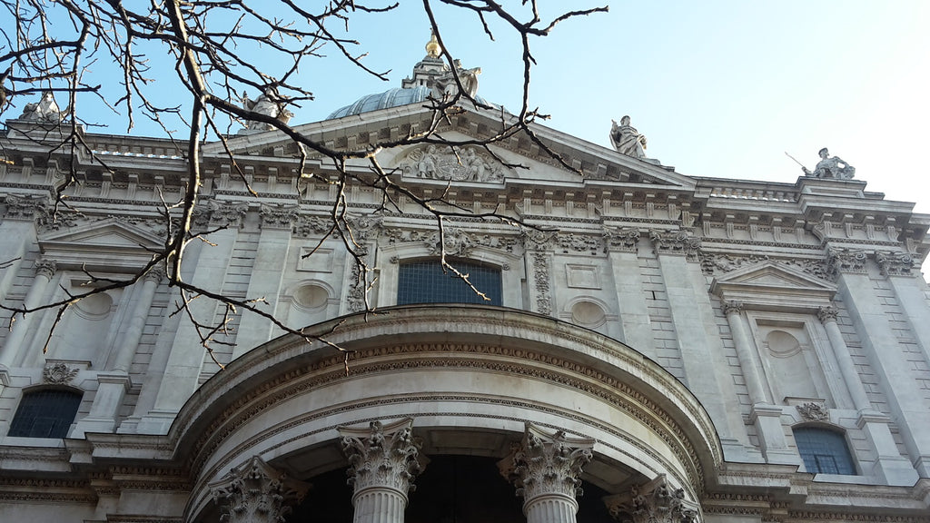 Looking up at St Paul's Cathedral with bare winter tree branches coming in to view.