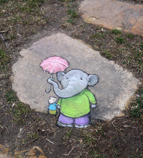 chalk drawing of an elephant holding an umbrella over a mouse