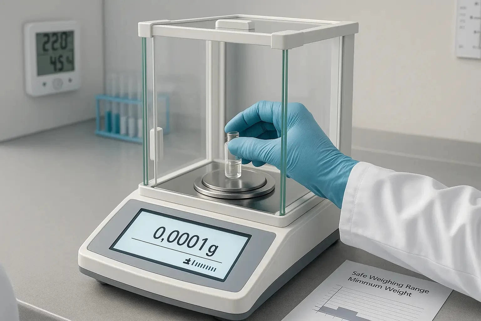 Analytical balance measuring micro-samples with uncertainty margin influenced by environment, user handling, and instrument limits