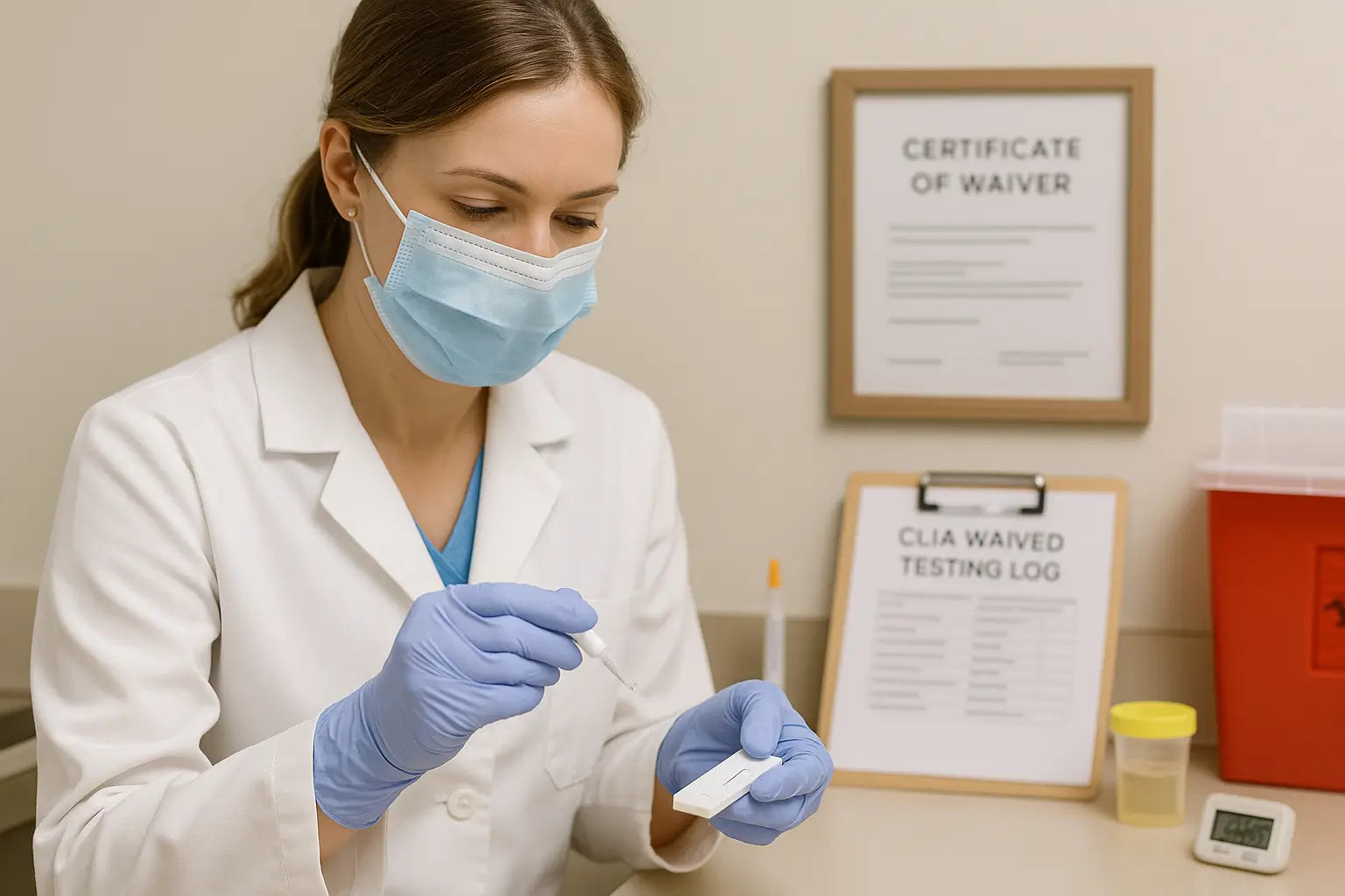 Clinical technician performing a CLIA-waived rapid diagnostic test such as a strep or glucose test in a simple point-of-care lab setting.