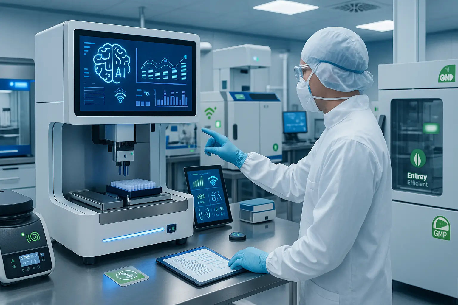 Advanced GMP-compliant pharmaceutical lab with automated systems, IoT monitoring, and AI-driven equipment for modern pharma workflows.